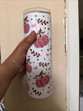Pink Leopard Pumpkin Skinny Tumbler - White Background